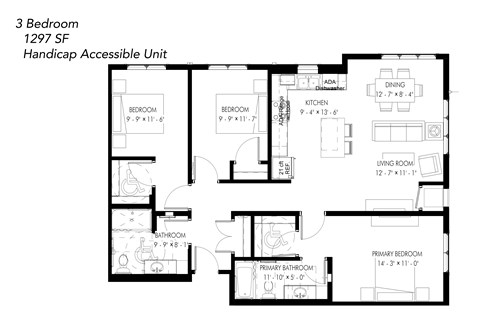 Floor plan for 3 beds, 2 baths